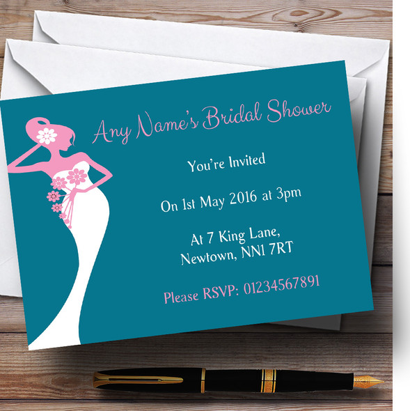 Pink Turquoise Bride Personalized Bridal Shower Party Invitations