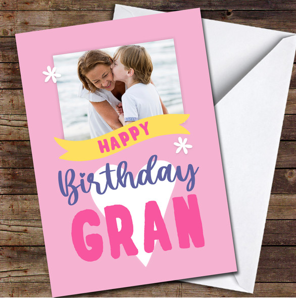 Gran Happy Yellow Photo Banner Pink Typographic Personalized Birthday Card
