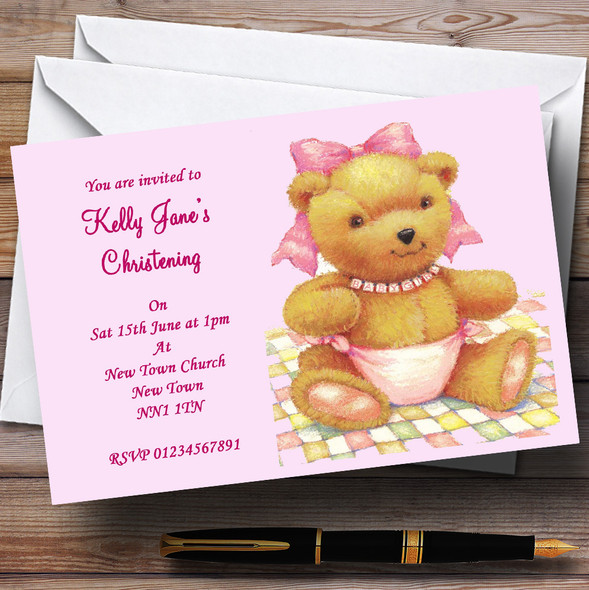 Pink Baby Girl Teddy Christening Personalized Party Invitations