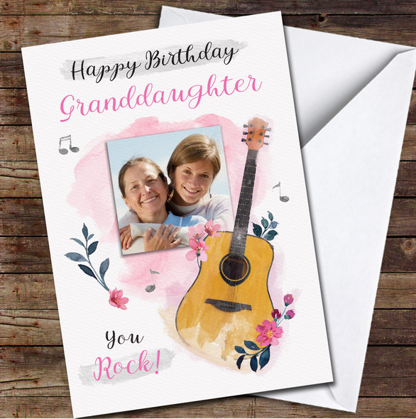 Granddaughter Guitar Music Pink Flowers Painted Photo Personalized Birthday Card