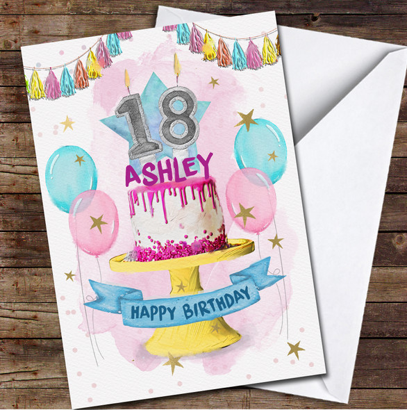 18th Eighteenth Pink Drip Teenager Cake Balloons Personalized Birthday Card