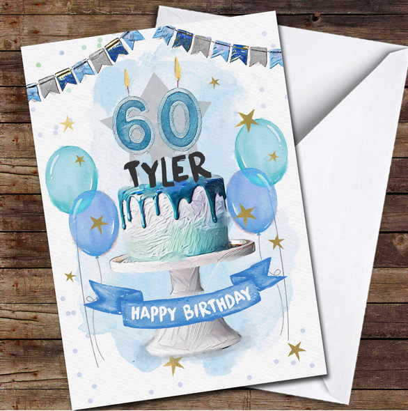 60th Sixty Male Blue Flower Cake Painted Party Balloons Birthday Card