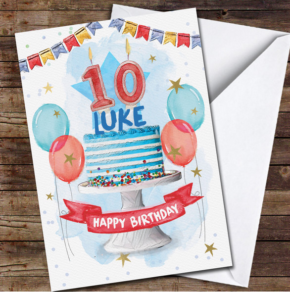 10th Tenth Boy Blue Cake Painted Party Balloons Personalized Birthday Card