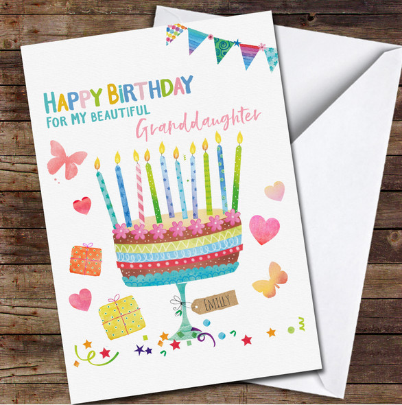 Granddaughter Birthday Rainbow Cake Butterfly Candles Personalized Birthday Card