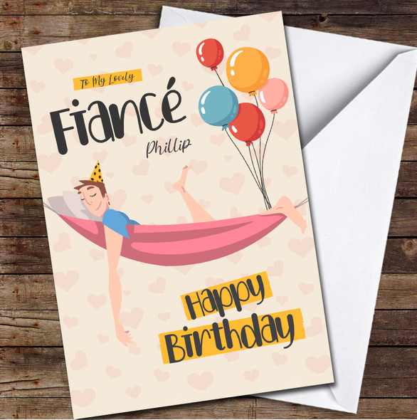 Fiancé Brown Hair Smiling Man Lying In Hammock Card Personalized Birthday Card
