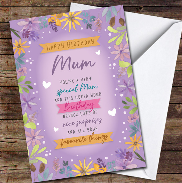 Mum Happy Birthday Text Flowers Floral Frame Purple Personalized Birthday Card