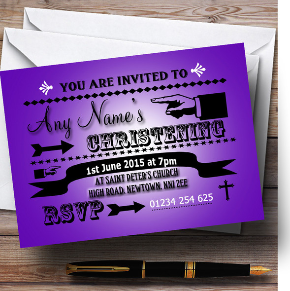 Dark Purple Typography Word Art Vintage Christening Party Personalized Invitations