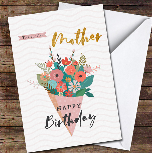 Bouquet Wrapped In Pink Paper Special Gold Mother Personalized Birthday Card