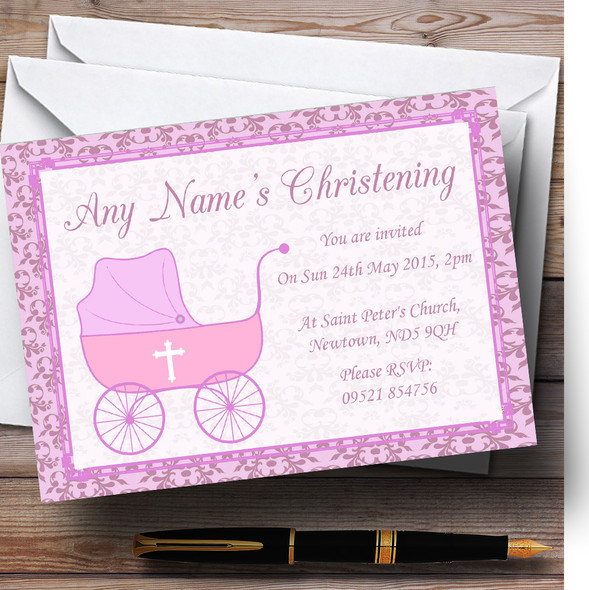 Girl Pink Pram Christening Party Personalized Invitations