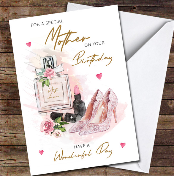 Mother Shoes Lipstick Perfume Beauty Pink Glitter Personalized Birthday Card