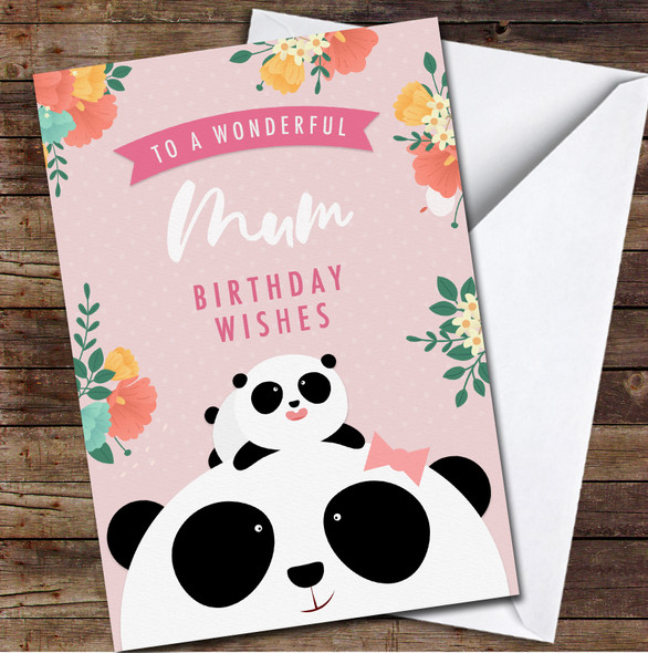 Two Cute Pandas Pink Flowers Wonderful Mum Wishes Personalized Birthday Card