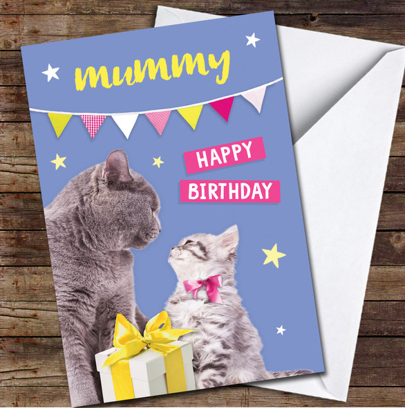 Mummy Happy Birthday Cat Kitten Cute Purple Pink Personalized Birthday Card