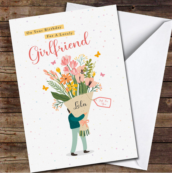 Girlfriend Man Holding Bouquet Of Flowers Card Personalized Birthday Card