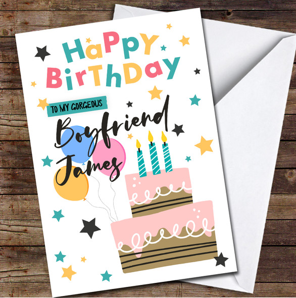 Gorgeous Boyfriend Birthday Cake Candles Stars Personalized Birthday Card