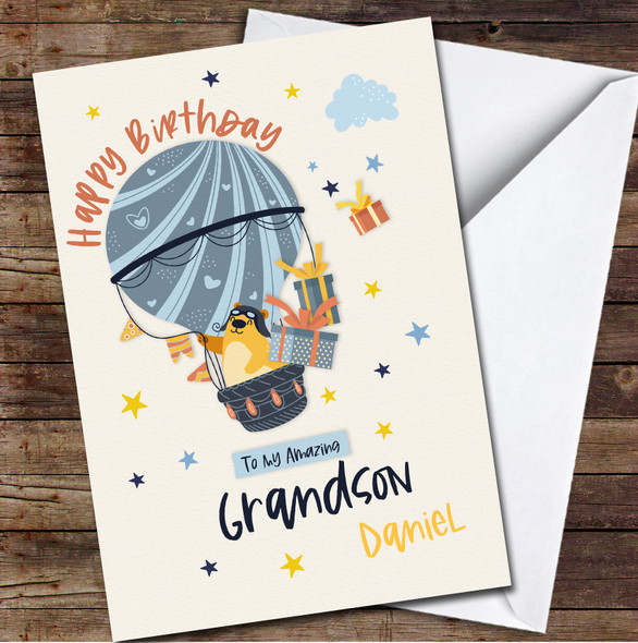 Grandson Bear Flying In A Hot Air Balloon Presents Personalized Birthday Card