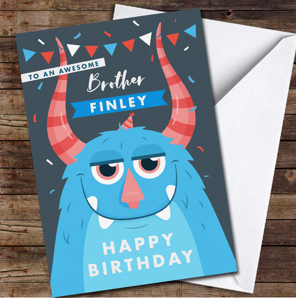 Funny Blue Monster Awesome Brother Happy Birthday Personalized Birthday Card