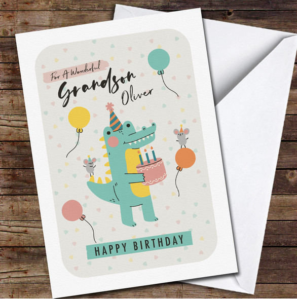 Grandson Cute Crocodile With Cake Blue Confetti Personalized Birthday Card