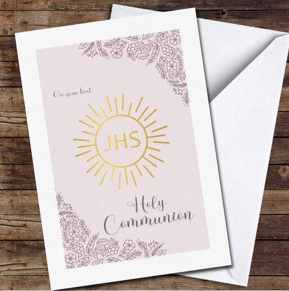 Pink Background Pattern Gold First Holy Communion Icon Personalized Card