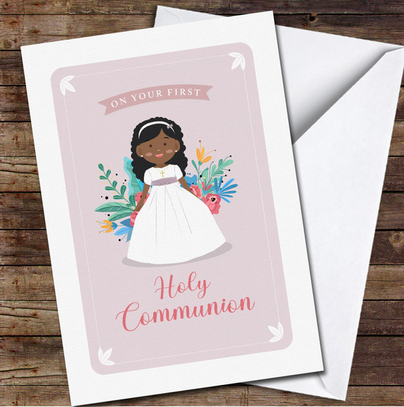 Dark Skin Curly Hair First Holy Communion Girl Personalized Card