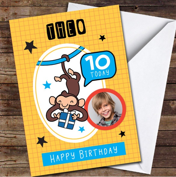 10th Boy Monkey Blue Photo Gift Yellow Any Age Personalized Birthday Card