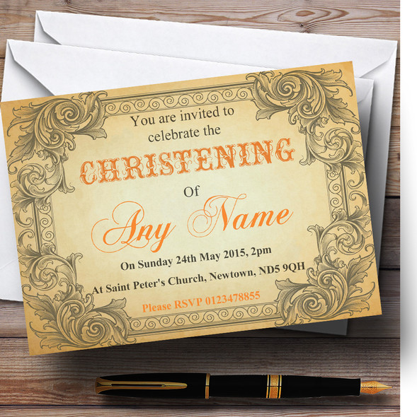 Typography Vintage Orange Postcard Christening Party Personalized Invitations