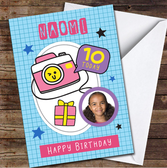 10th Pink Camera Gift Photo Blue Any Age Personalized Birthday Card