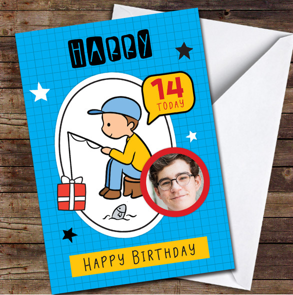 14th Boy Fishing Photo Blue Orange Any Age Personalized Birthday Card