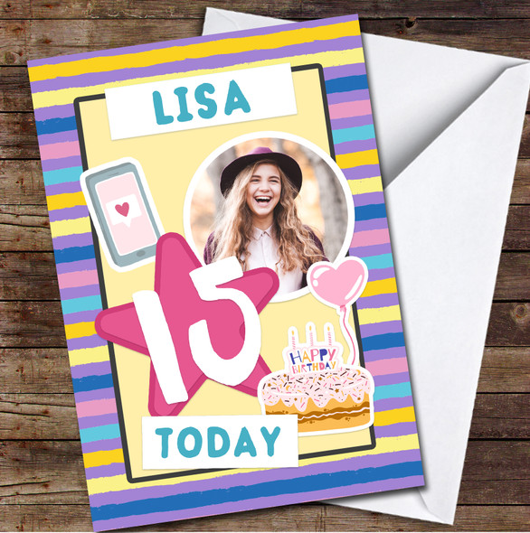 15th Girl Pattern Stripe Cake Photo Any Age Personalized Birthday Card