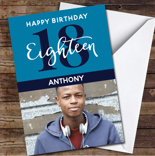 18th Eighteen Photo Blue Any Age Personalized Birthday Card