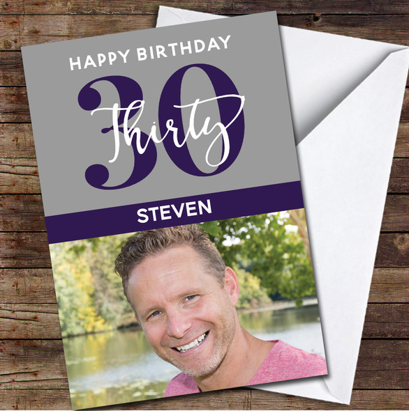 30th Thirty Photo Purple Any Age Personalized Birthday Card