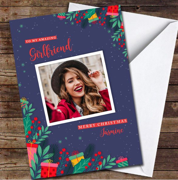 Girlfriend Photo Floral Frame Any Text Personalized Christmas Card