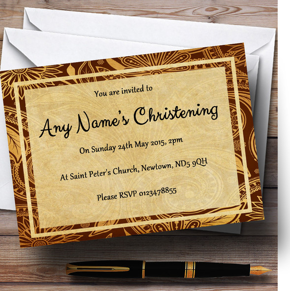 Vintage Brown Gold Postcard Style Christening Party Personalized Invitations