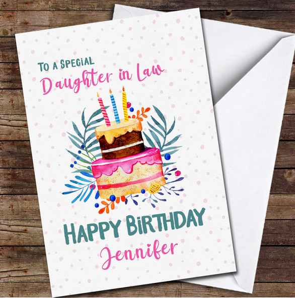 Daughter In Law Watercolor Cake With Candles And Flowers Any Text Birthday Card