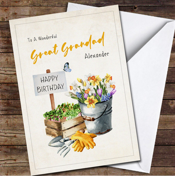 Great Grandad Watercolor Flowers Sprouts And Garden Tools Birthday Card