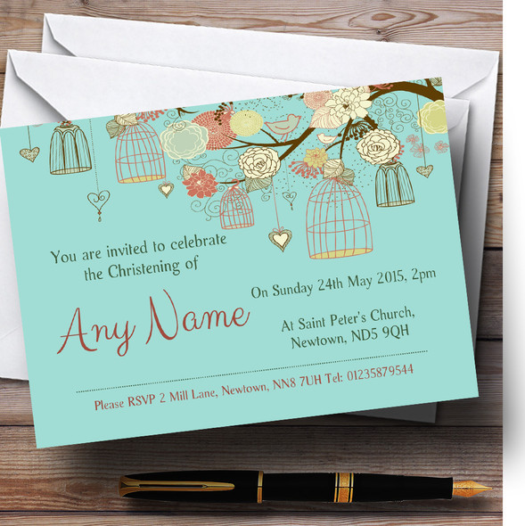 Vintage Shabby Chic Birdcage Turquoise Christening Party Personalized Invitations