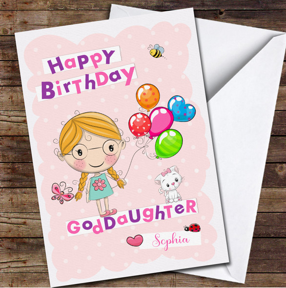Goddaughter Cute Ginger Hair Girl Holding Balloons Any Text Birthday Card