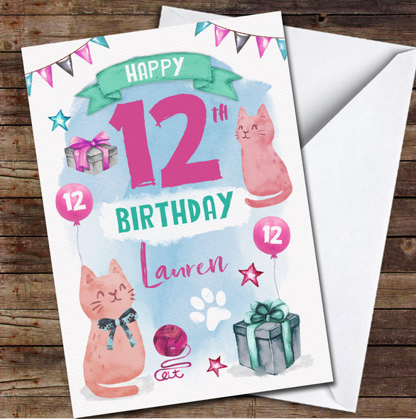 12th Girl Female Cat Lover Kitty Animal Cute Any Age Personalized Birthday Card