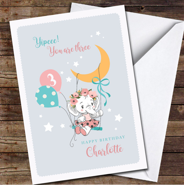 3rd Girl Cute Baby Elephant On A Swing Any Age Personalized Birthday Card