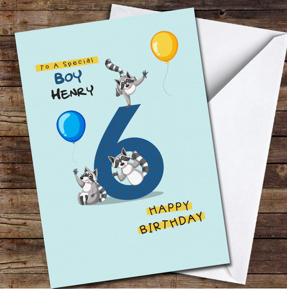 6th Boy Funny Raccoon Any Age Personalized Birthday Card