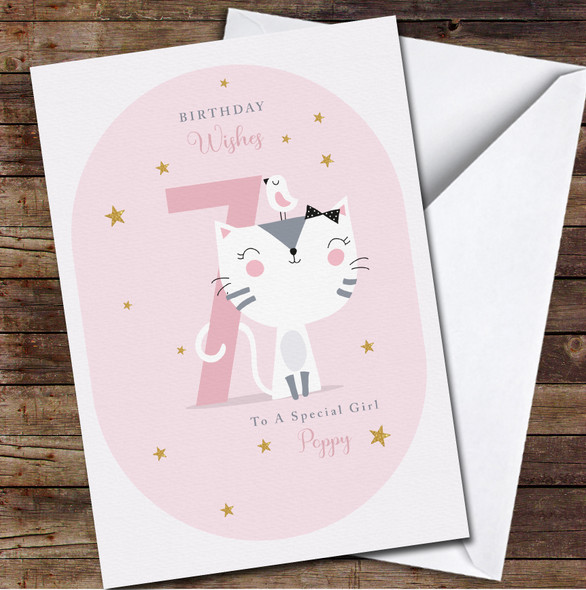 7th Girl Cute Cat With Bird Any Age Personalized Birthday Card