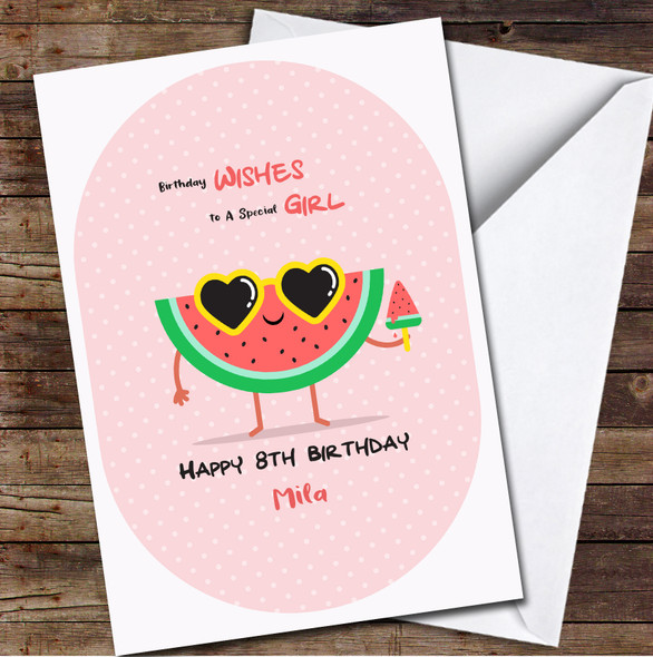 8th Girl Cute Watermelon With Ice Cream Any Age Personalized Birthday Card