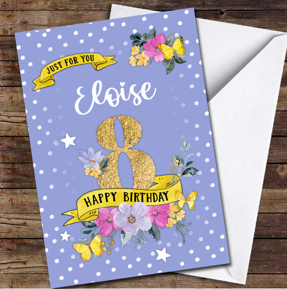 8th Girl Female Flowers Butterfly Purple Any Age Personalized Birthday Card