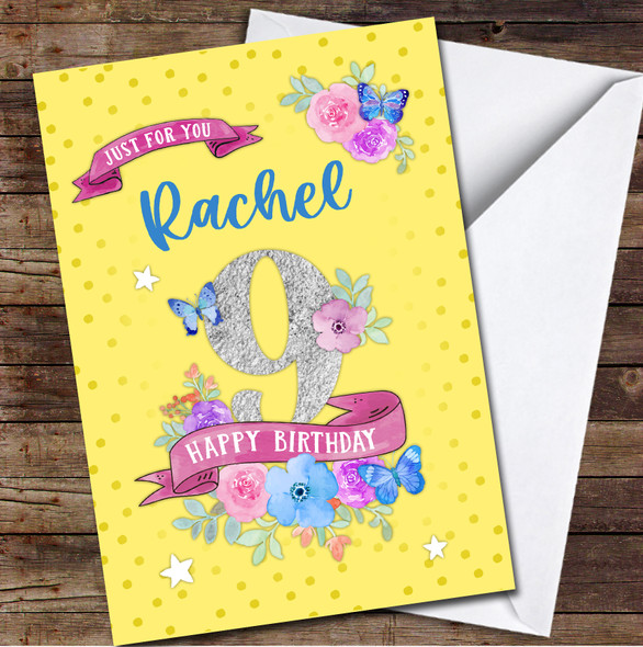 9th Girl Female Flowers Butterfly Yellow Any Age Personalized Birthday Card