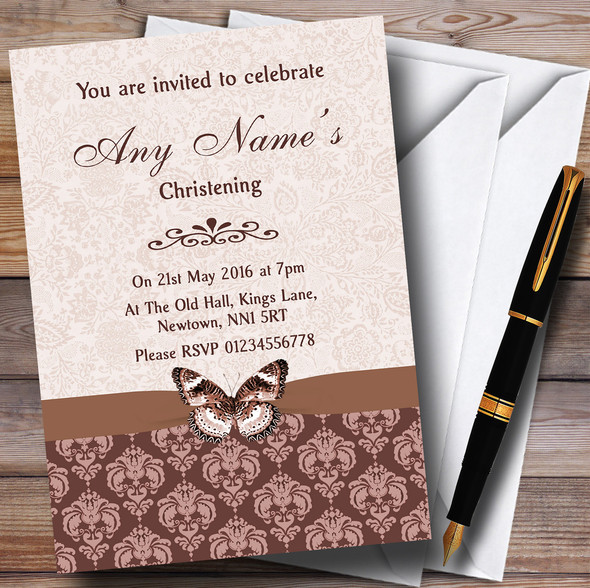 Brown Fawn Beige Vintage Floral Damask Butterfly Personalized Christening Invitations