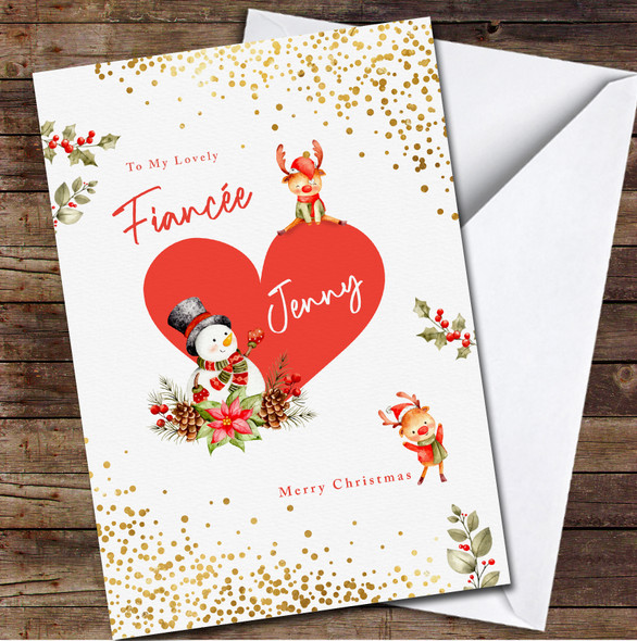Fiancée Red Heart Cute Snowman And Reindeer Any Text Personalized Christmas Card