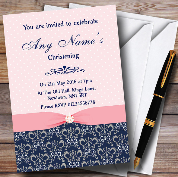 Dusky Coral Pink Vintage Diamond Bow Personalized Christening Invitations