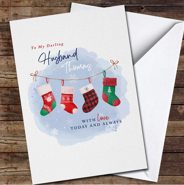 Husband Watercolor Hanging Socks Decoration Any Text Christmas Card