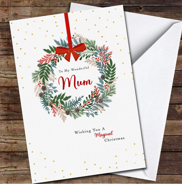 Mum Wreath Gold Dots Any Text Personalized Christmas Card