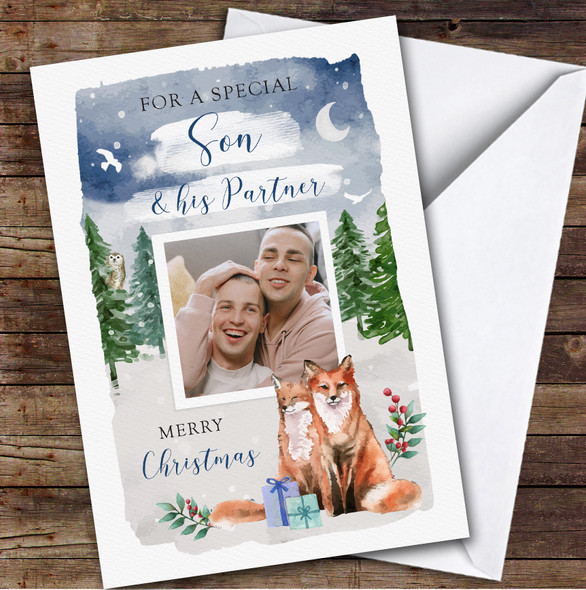 Son & His Partner Couple Deer Winter Tree Photo Personalized Christmas Card