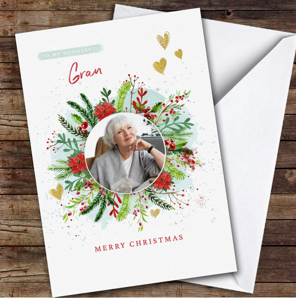 Wonderful Gran Christmas Photo Frame Gold Hearts Personalized Christmas Card